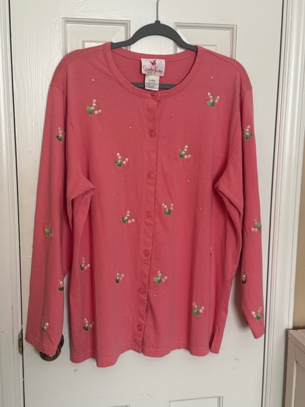 Quacker Factory Pink Button-Front Floral Cardigan with Silver Rhinestones